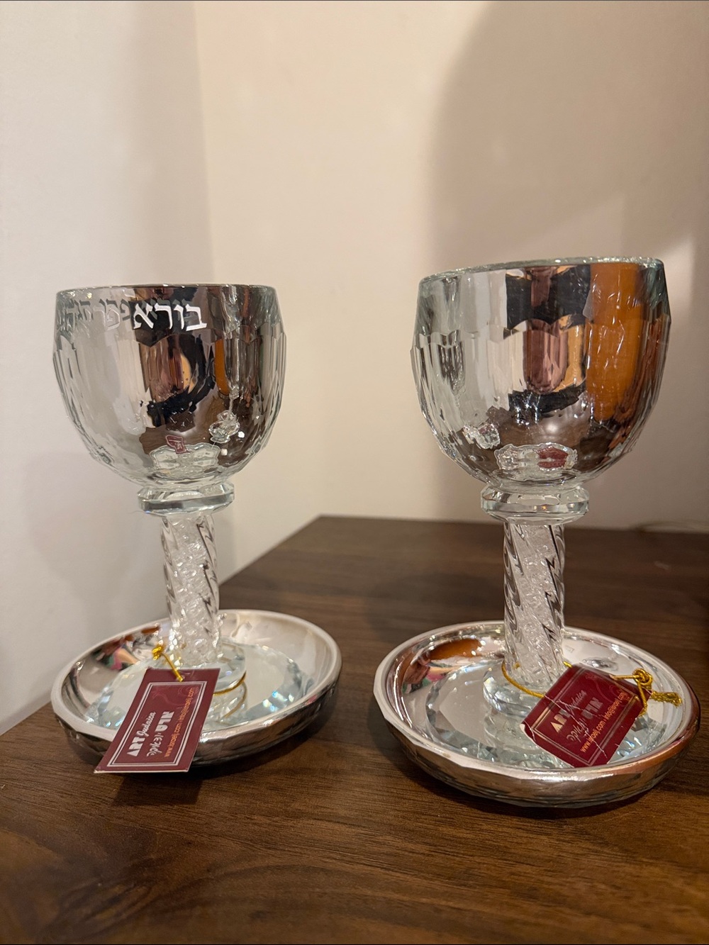 Silver Mirrored Glass Kiddush Cups with Matching Saucers - Set of 2